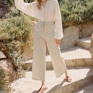 Doen Riviera High Waisted 100% Raw Silk Striped Wide Leg Pants Trousers Size M